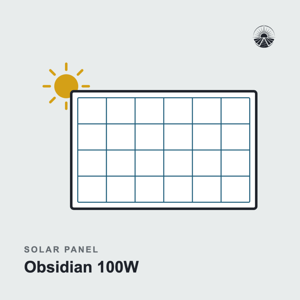 Line drawing of a solar panel labeled Obsidian 100W