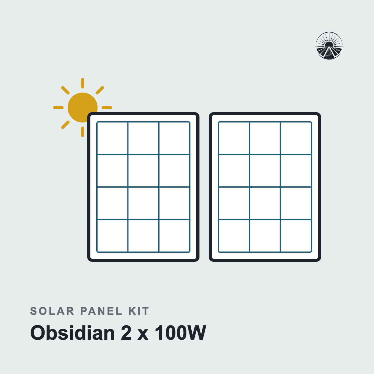 Line drawing of a solar panel kit labeled Obsidian 2 x 100W