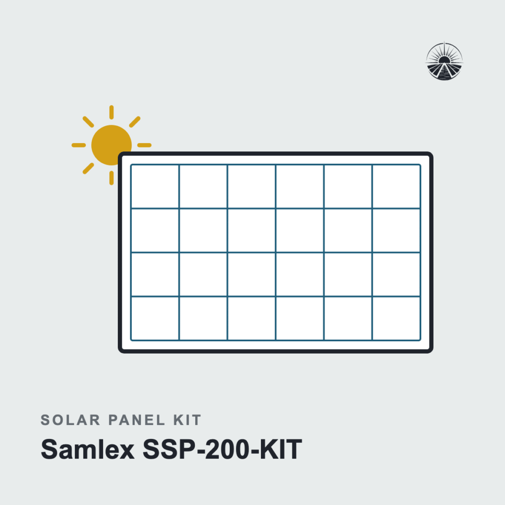 Line drawing of a solar panel kit labeled Samlex SSP-200-KIT