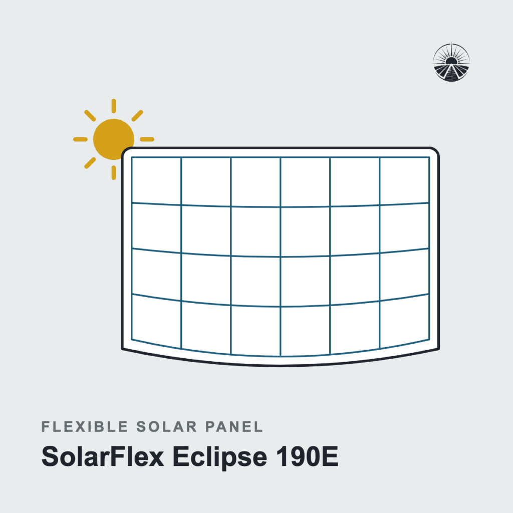 Line drawing of a flexible solar panel labeled SolarFlex Eclipse 190E