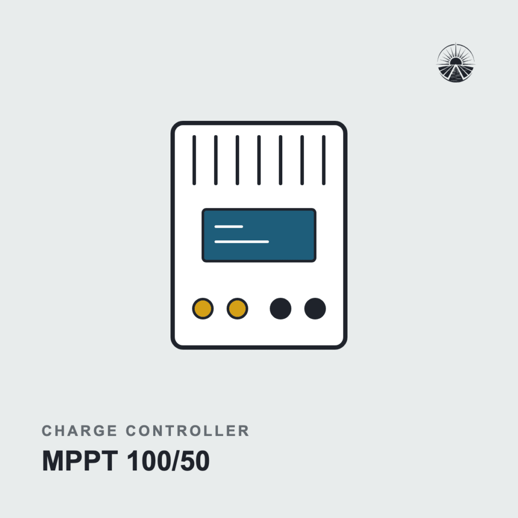 Line drawing of a charge controller labeled MPPT 100/50