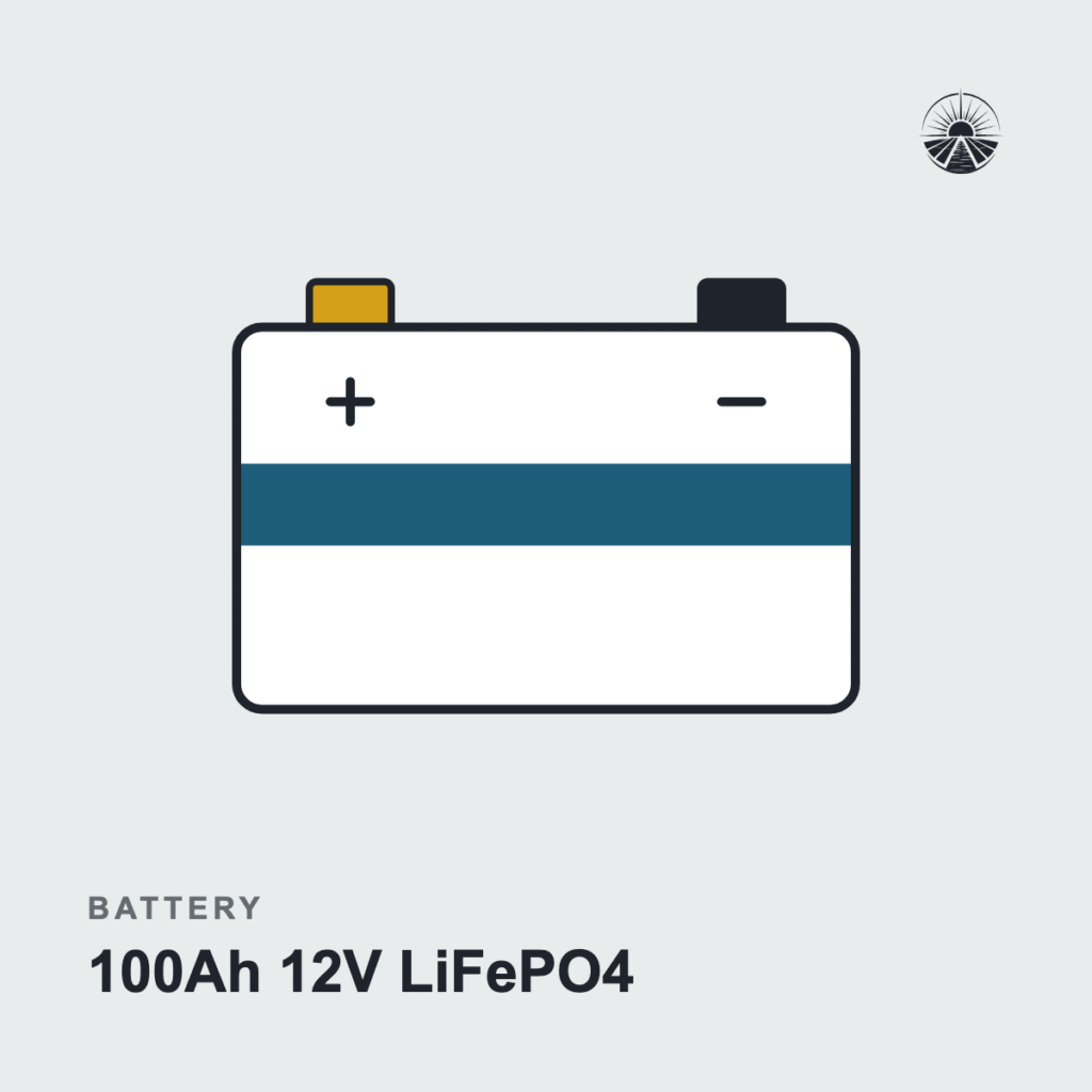 Line drawing of a battery labeled 100Ah 12V LiFePO4