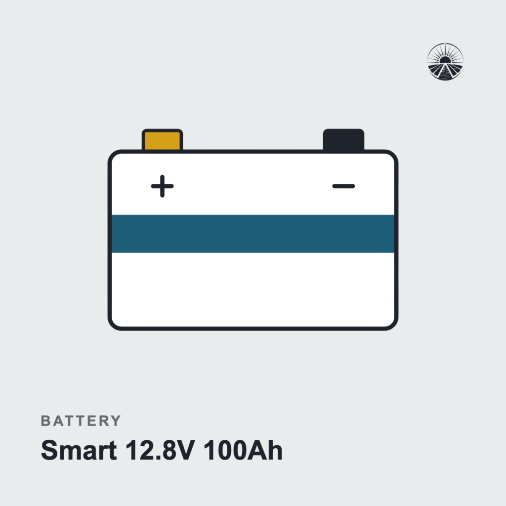 Line drawing of a battery labeled Smart 12.8V 100Ah