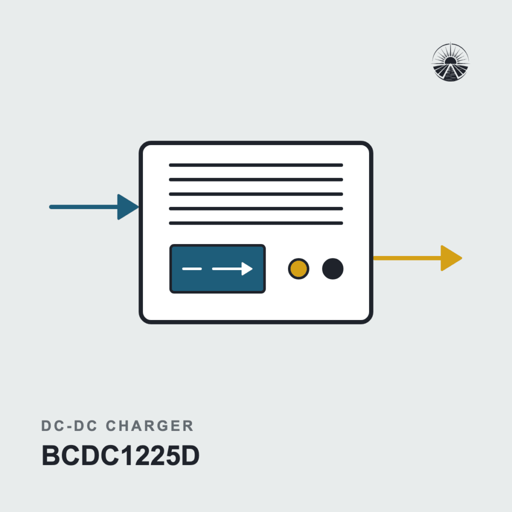 Line drawing of a DC-DC charger labeled BCDC1225D
